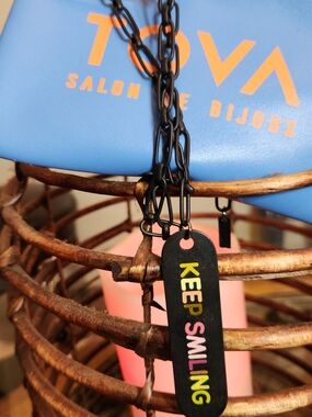 TOVA..KEEP SMILING Black Pendant Necklace with Multicolor Lettering